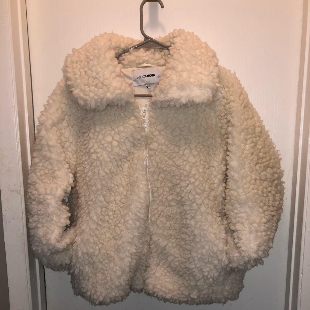 Faux fur bomber jacket, off white color, size XS